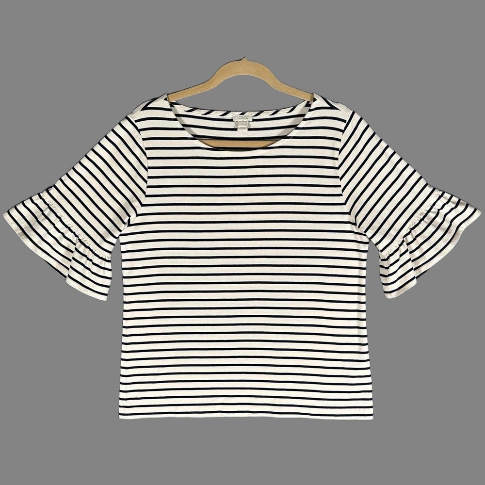 J.Crew Ruffle Belle Sleeve Striped Cotton Top Womens Large Cream Black Preppy
